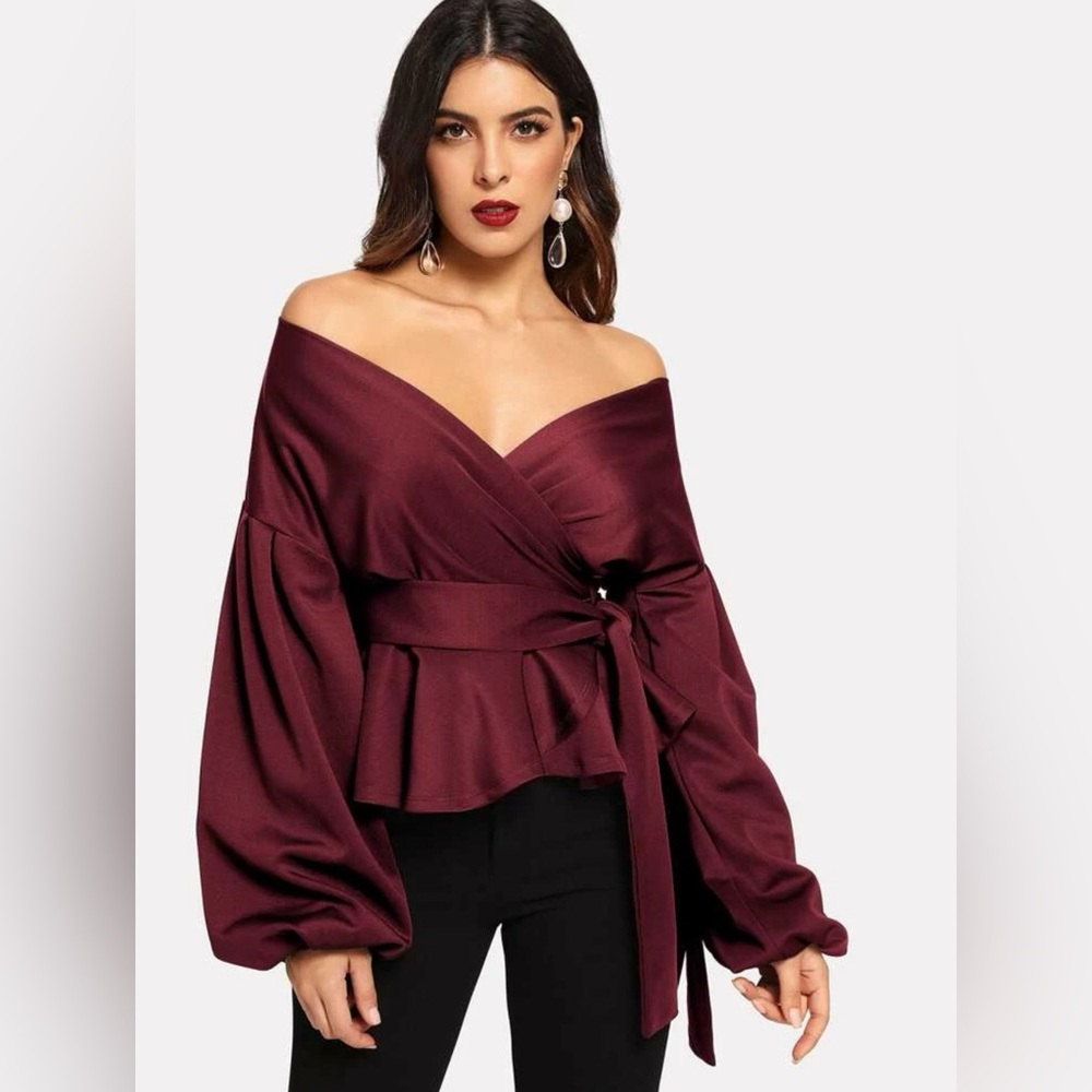 Red Lantern Sleeve Belted Wrap Off Shoulder Top Size M